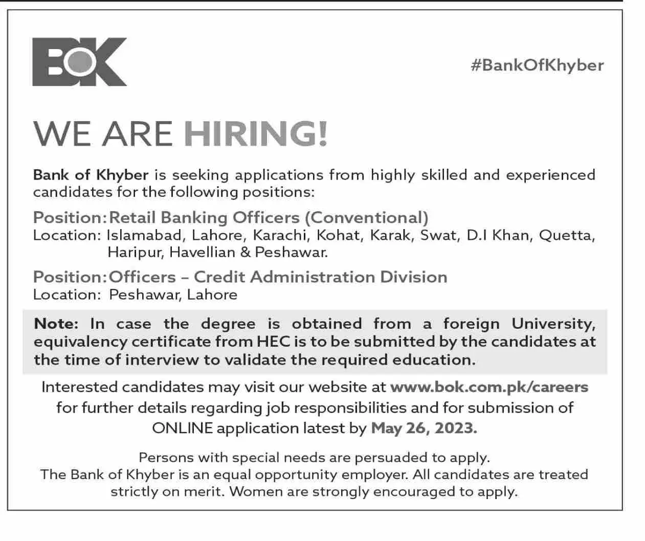 Bank of Khyber BOK Islamabad Jobs 2023 Jobs 2023 — original advertisement