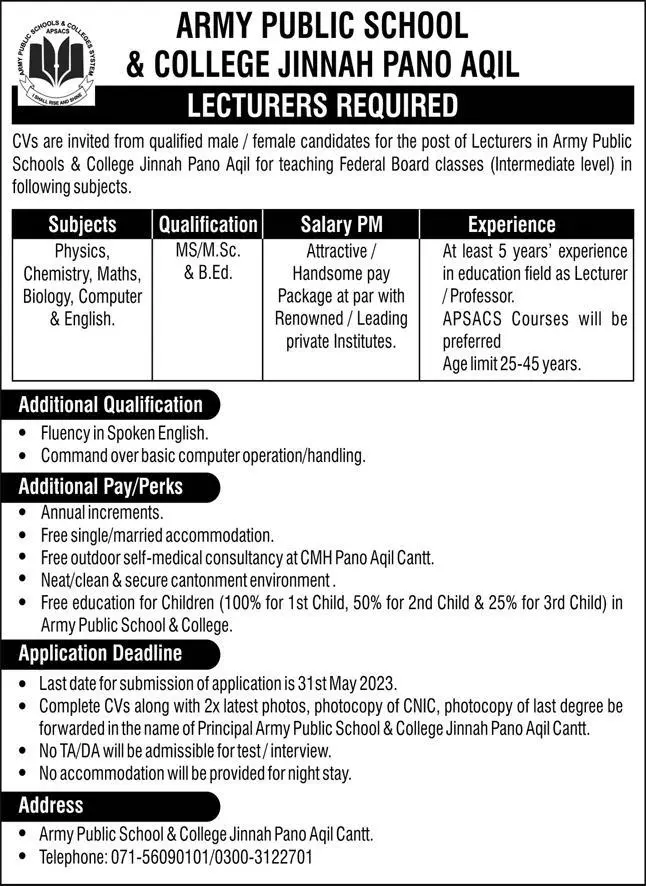 Army Public School & College Jinnah Pano Aqil Jobs 2023 – Army Public School & College Paksitan Jobs 2023 — original advertisement