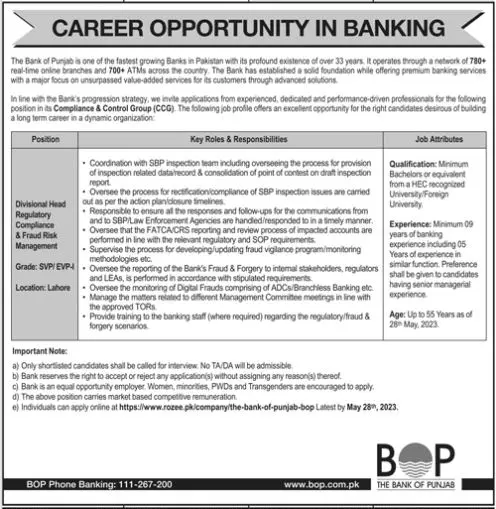 Bank of Punjab Lahore  Jobs 2023 Jobs 2023 — original advertisement