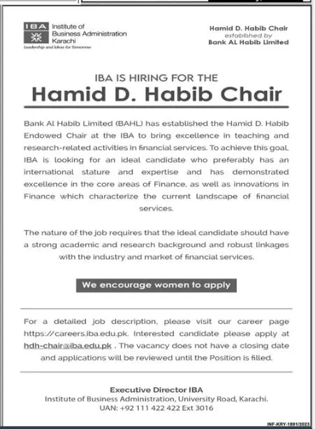 Institute of Business Adminstraton Karachi Jobs 2023 – IBA Karachi Jobs 2023 — original advertisement