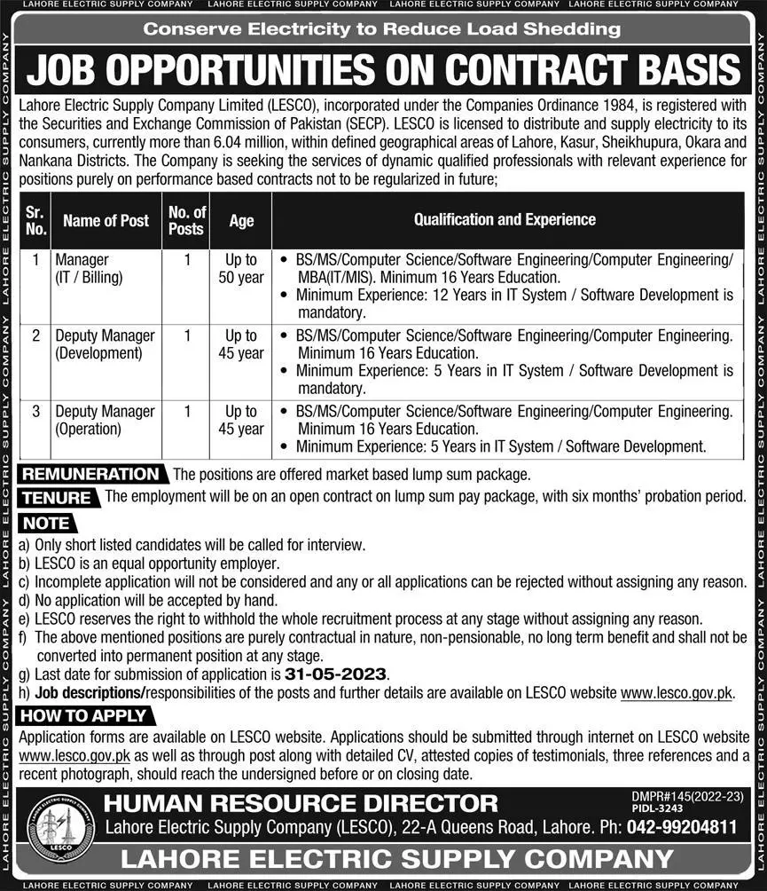 Lahore Electric Supply Company Jobs 2023 – Lahore Electric Supply Company LESCO Lahore Jobs 2023 — original advertisement