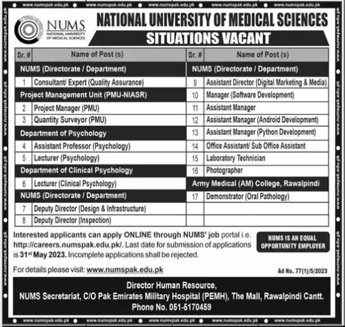 National university of Medical Sciences Nums Jobs 2023 – National University of Medical Science NUMS Jobs 2023 — original advertisement
