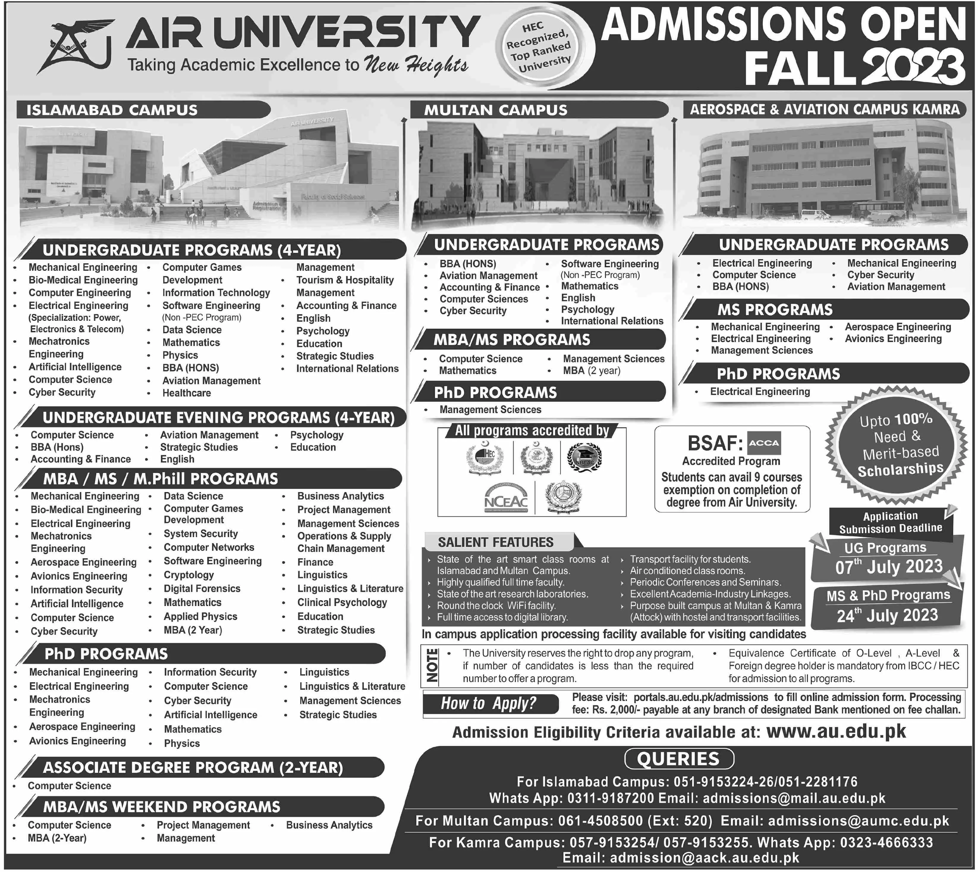 Air University Campus Admissions 2023 – Air University Multan Campus Admissions 2023 — original advertisement