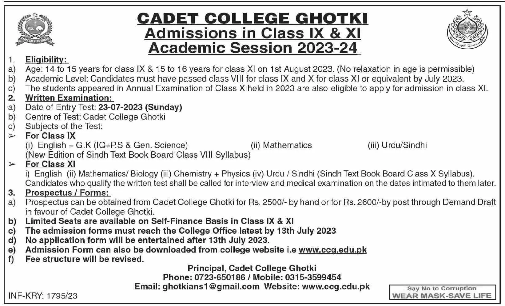 Cadet College Ghotki Sindh Admissions 2023 Admissions 2023 — original advertisement