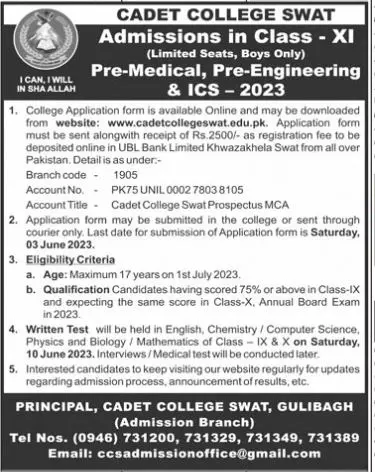 Cadet College Swat Khyber Pakhtunkhwa Admissions 2023 Admissions 2023 — original advertisement