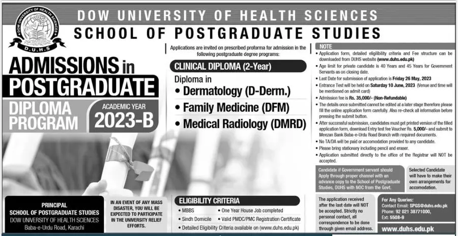 Dow University of Health Sciences Karachi Admissions 2023 Admissions 2023 — original advertisement