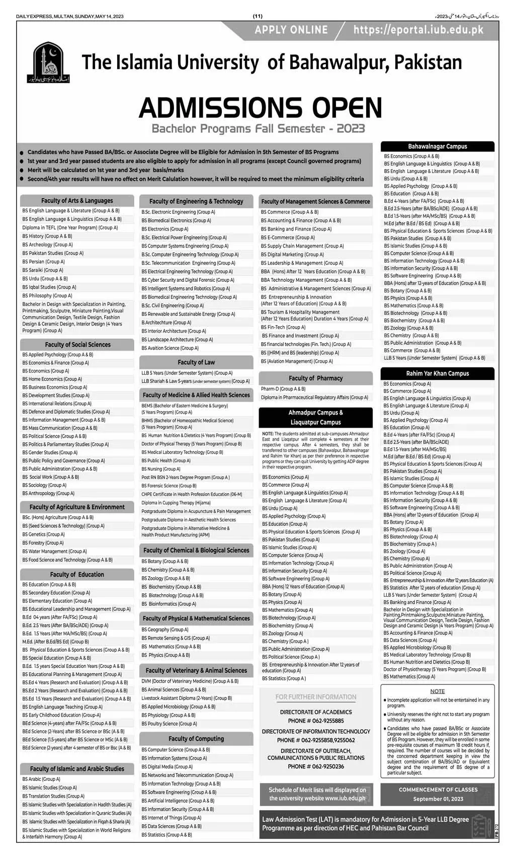 The Islamia University of Bahawalpur Admissions 2023 – Islamia University Bahawalpur Admissions 2023 — original advertisement