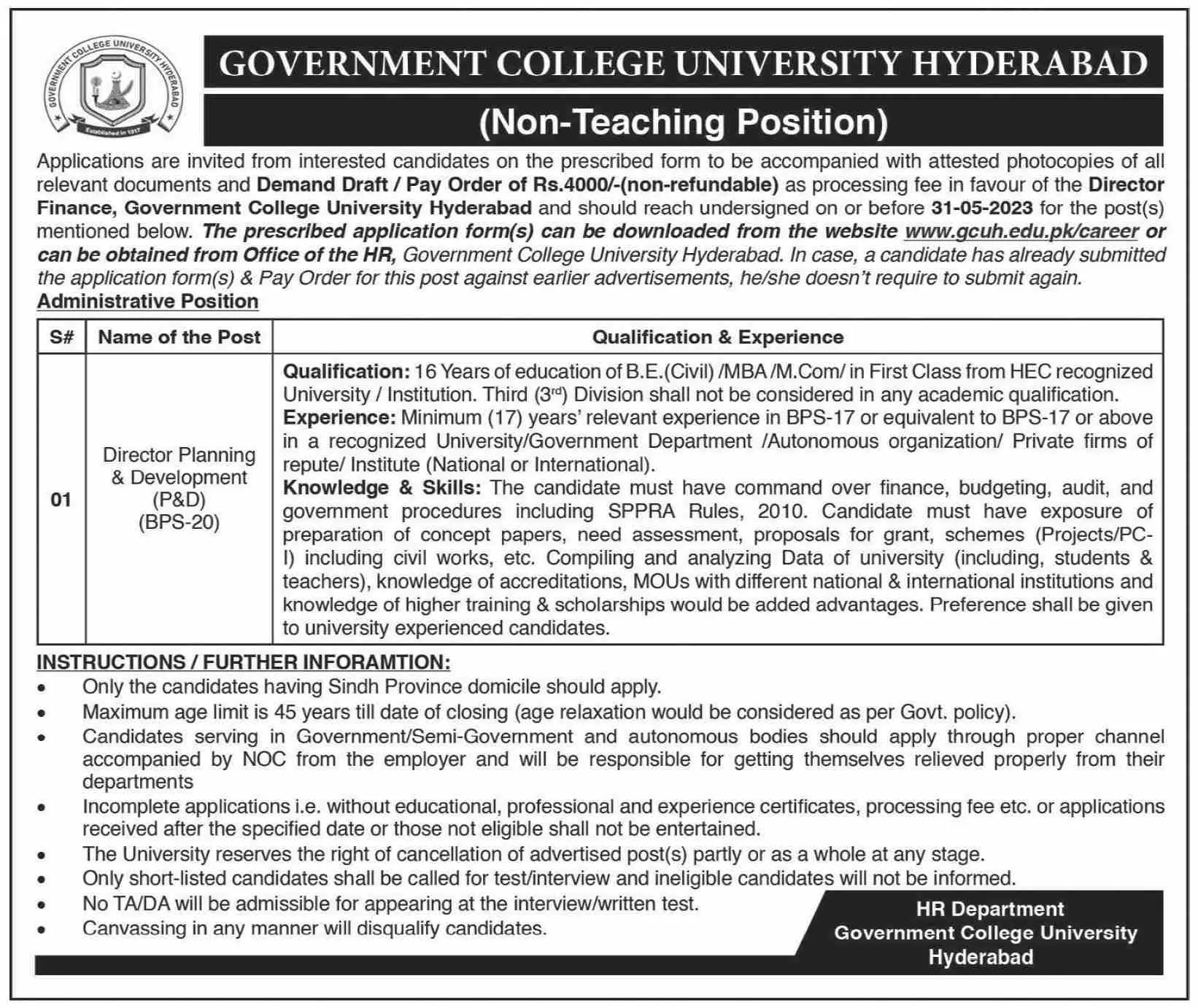 Government College University Hyderabad GCUH Jobs 2023 Jobs 2023 — original advertisement
