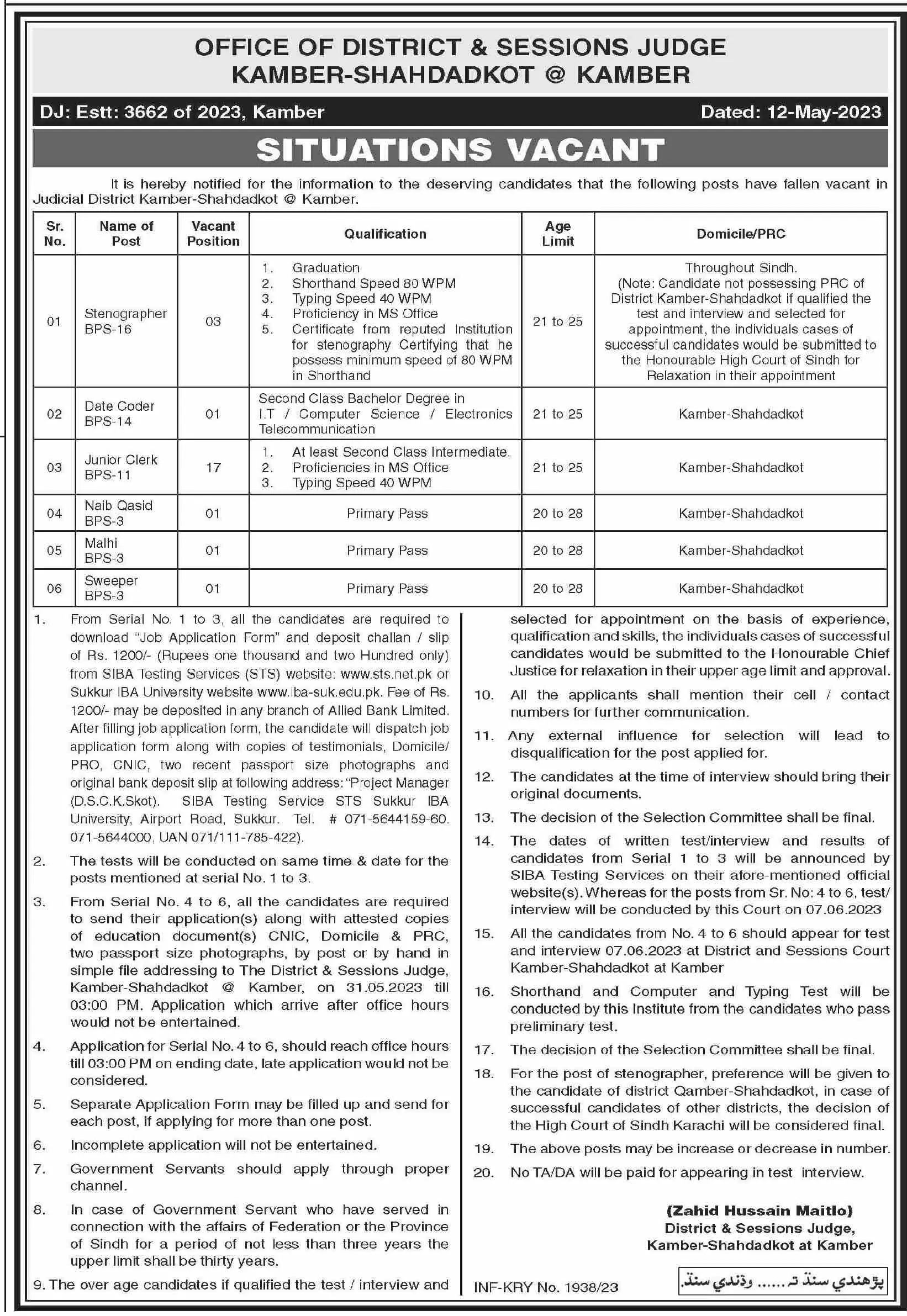 District & Session Judge Kamber Shahdadkot Jobs 2023 Jobs 2023 — original advertisement
