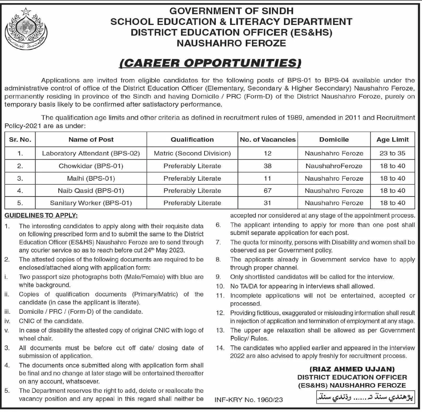 District Education Officer ES&HS Naushahro Feroze Jobs 2023 – School Education & Literacy Department Sindh Jobs 2023 — original advertisement
