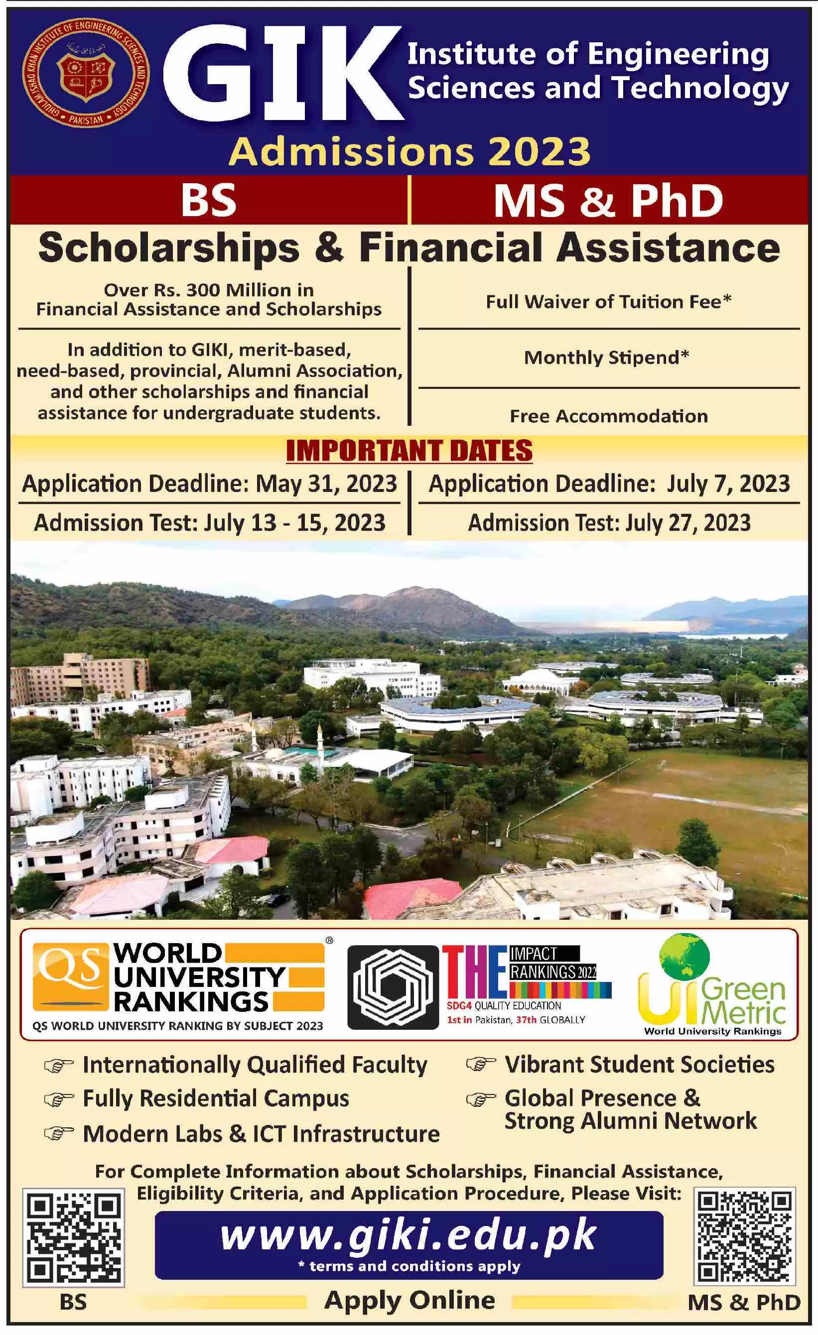 GIK Institute of Engineering Science GIKI Admissions 2023 – Ghulam Ishaq Khan GIK Institute of Engineering Sciences and Technology Swabi Admissions 2023 — original advertisement