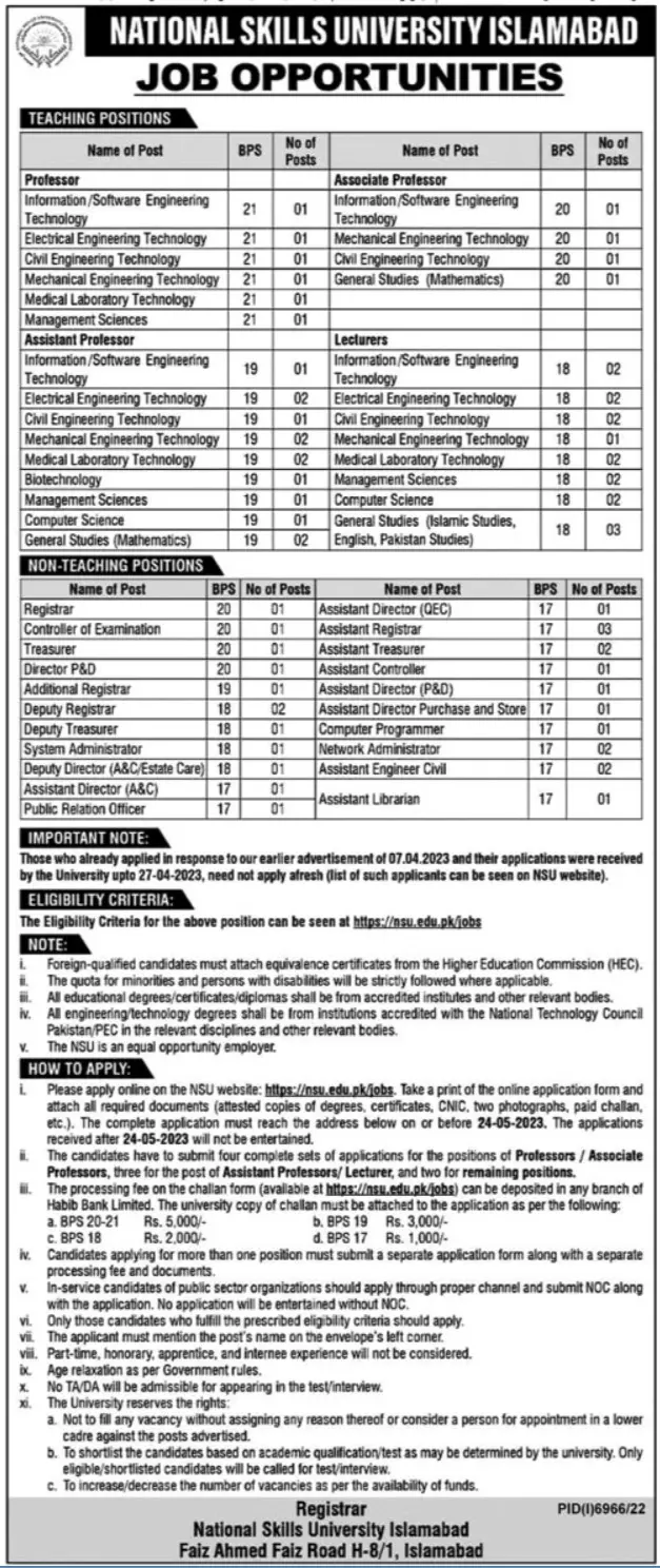 National Skills University NSU Islamabad Jobs 2023 – National Skills University Islamabad Jobs 2023 — original advertisement