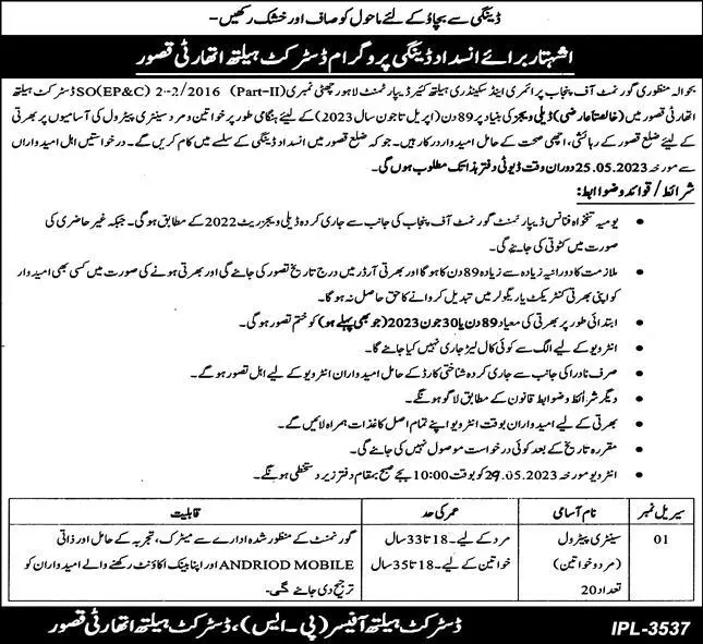 District Health Authority Kasur Punjab Jobs 223 – Health Department Punjab Jobs 2023 — original advertisement