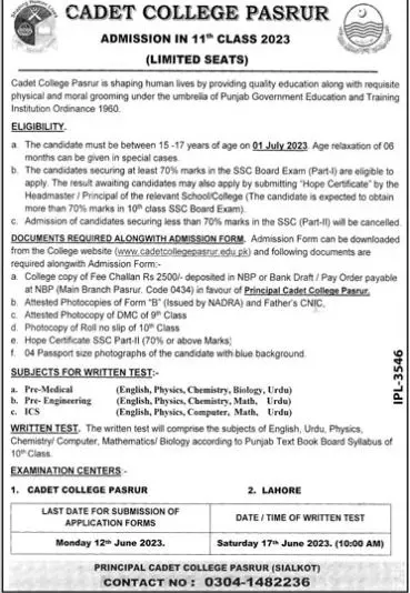 Cadet College Pasrur Sialkot Punjab Admissions 2023 Admissions 2023 — original advertisement