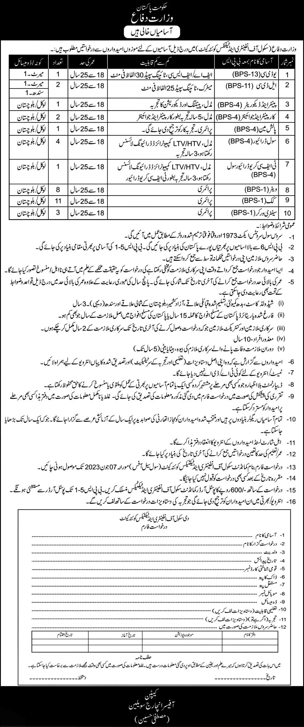 Ministry of Defence MOD School Of Infantry & Tactics Jobs – Ministry of Defence Pakistan Jobs 2023 — original advertisement