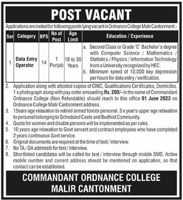 Commandant ordnance college malir cantt Jobs 2023 – Pakistan Army Jobs 2023 — original advertisement