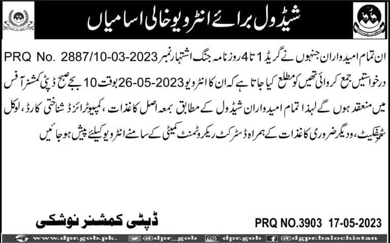 Deputy Commissioner Nushki Balochistan Interview 2023 – Deputy Commissioner Noshki Jobs 2023 — original advertisement
