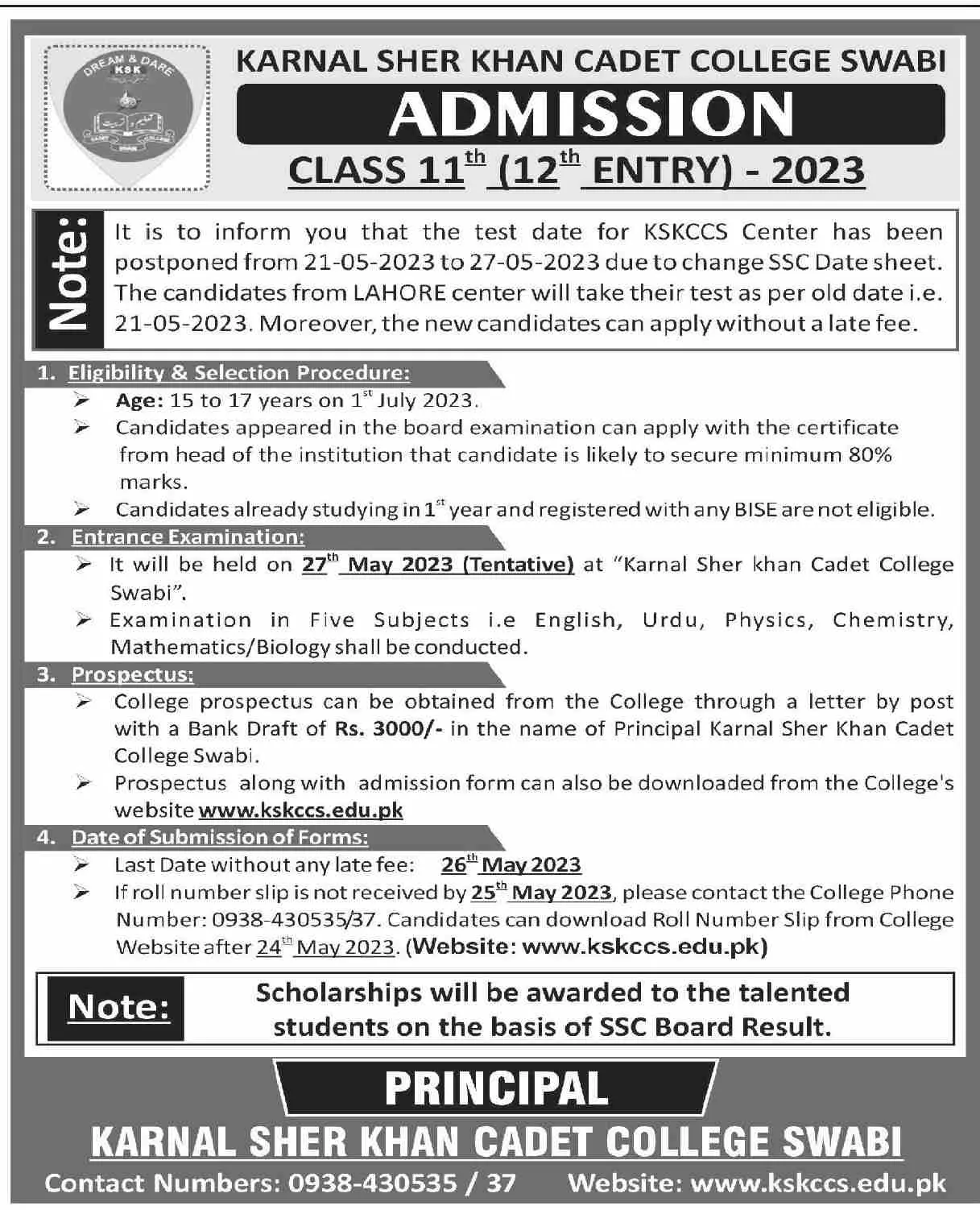 Karnal Sher Khan Cadet College Swabi  Admissions 2023 Admissions 2023 — original advertisement