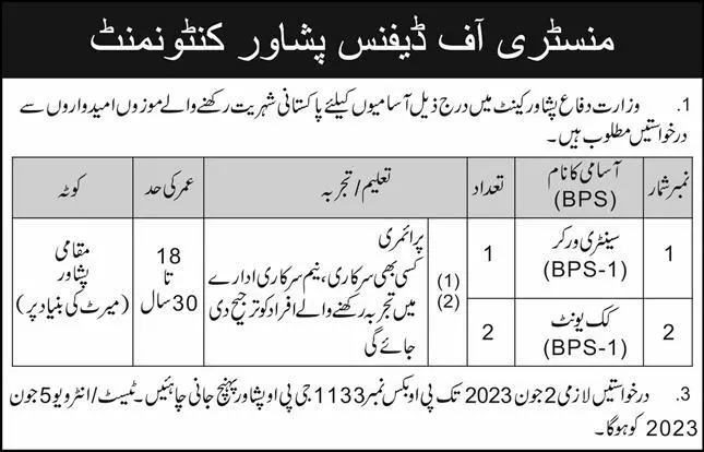Ministry Of Defence Peshawar Cantt Jobs 2023 – Ministry of Defence Pakistan Jobs 2023 — original advertisement