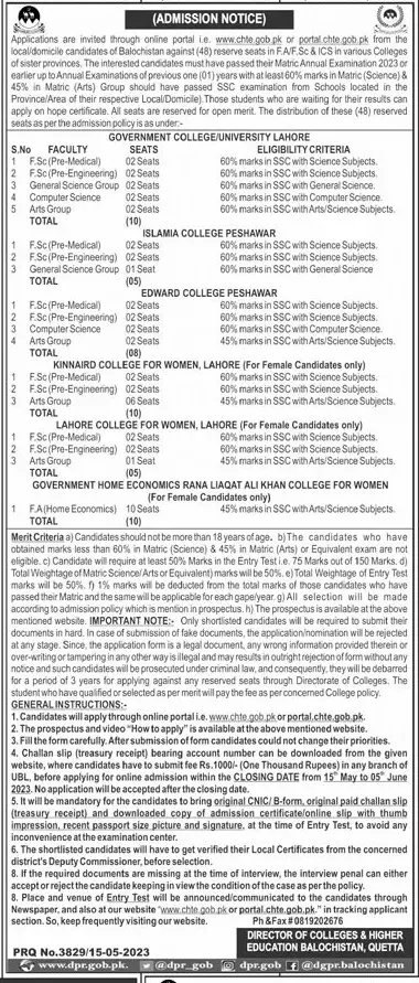 Reserved Seats of Balochistan in F.A/F.Sc & Ics Session 2023 – Director of Education College Admissions 2023 — original advertisement