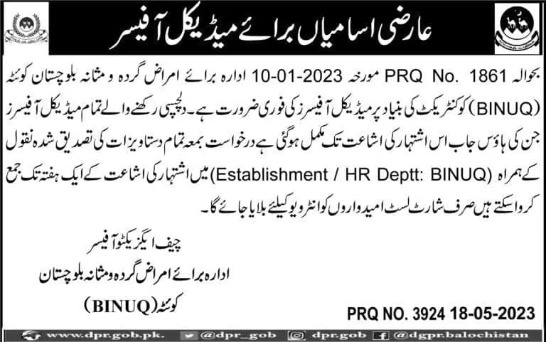 Balochistan Institute of Nephrology BINUQ Quetta Jobs 2023 – Balochistan Institute of Nephrology Urology (BINUQ) Quetta Jobs 2023 — original advertisement