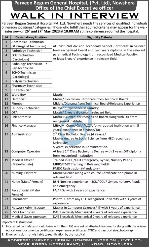 Parveen Begum General Hospital Jobs Interview 2023 Jobs 2023 — original advertisement