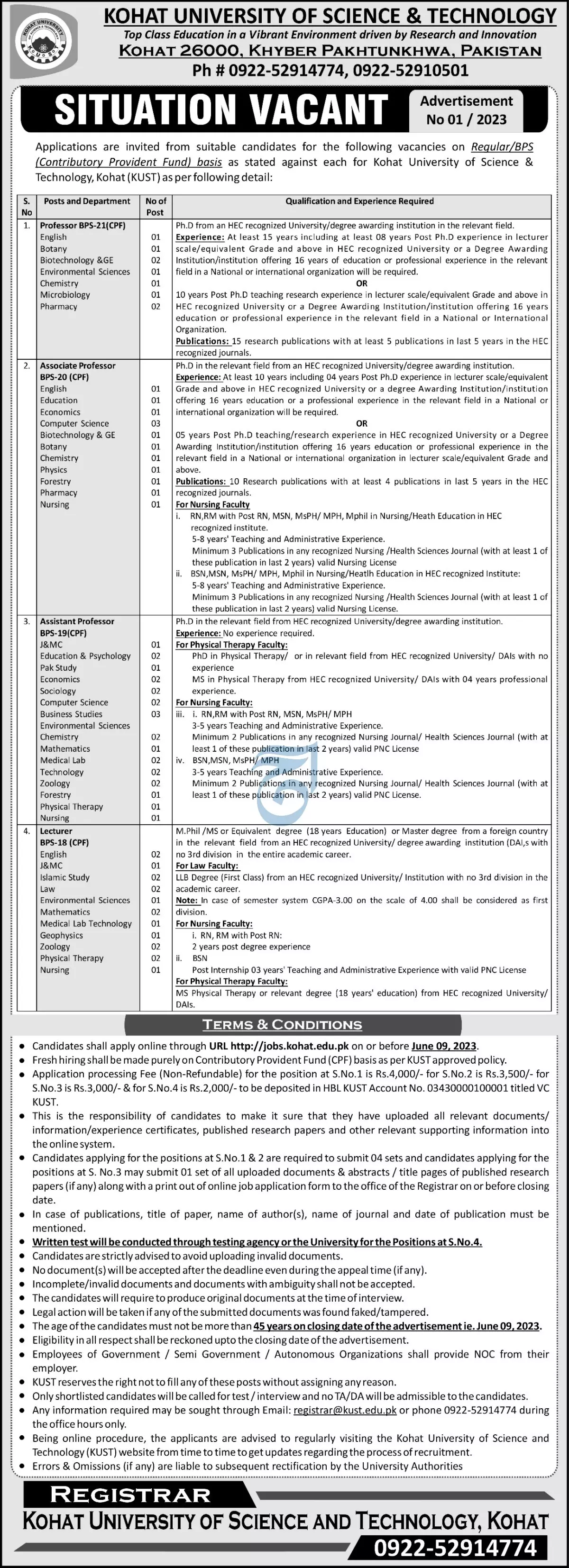 Kohat University of Science and Technology KUSt Jobs 2023 – Kohat University of Science and Technology Kohat Jobs 2023 — original advertisement