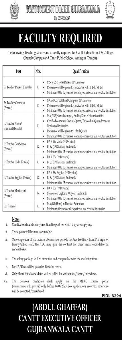 Cantt Public School Chenab And Aminpur Campus Jobs 2023 – Cantonment Board Jobs 2023 — original advertisement