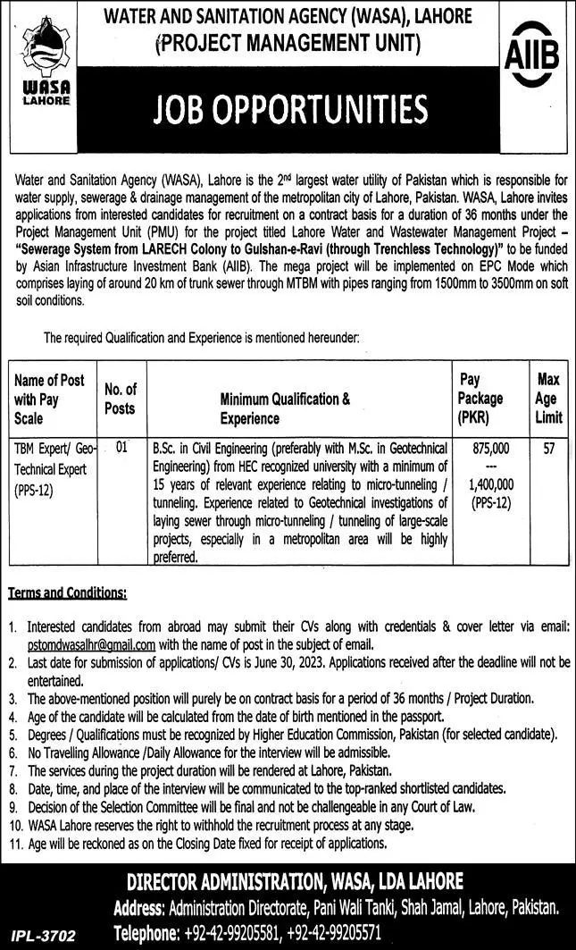 Water and Sanitation Agency WASA Lahore Jobs 2023 – Water and Sanitation Agency (LDA) Lahore Jobs 2023 — original advertisement