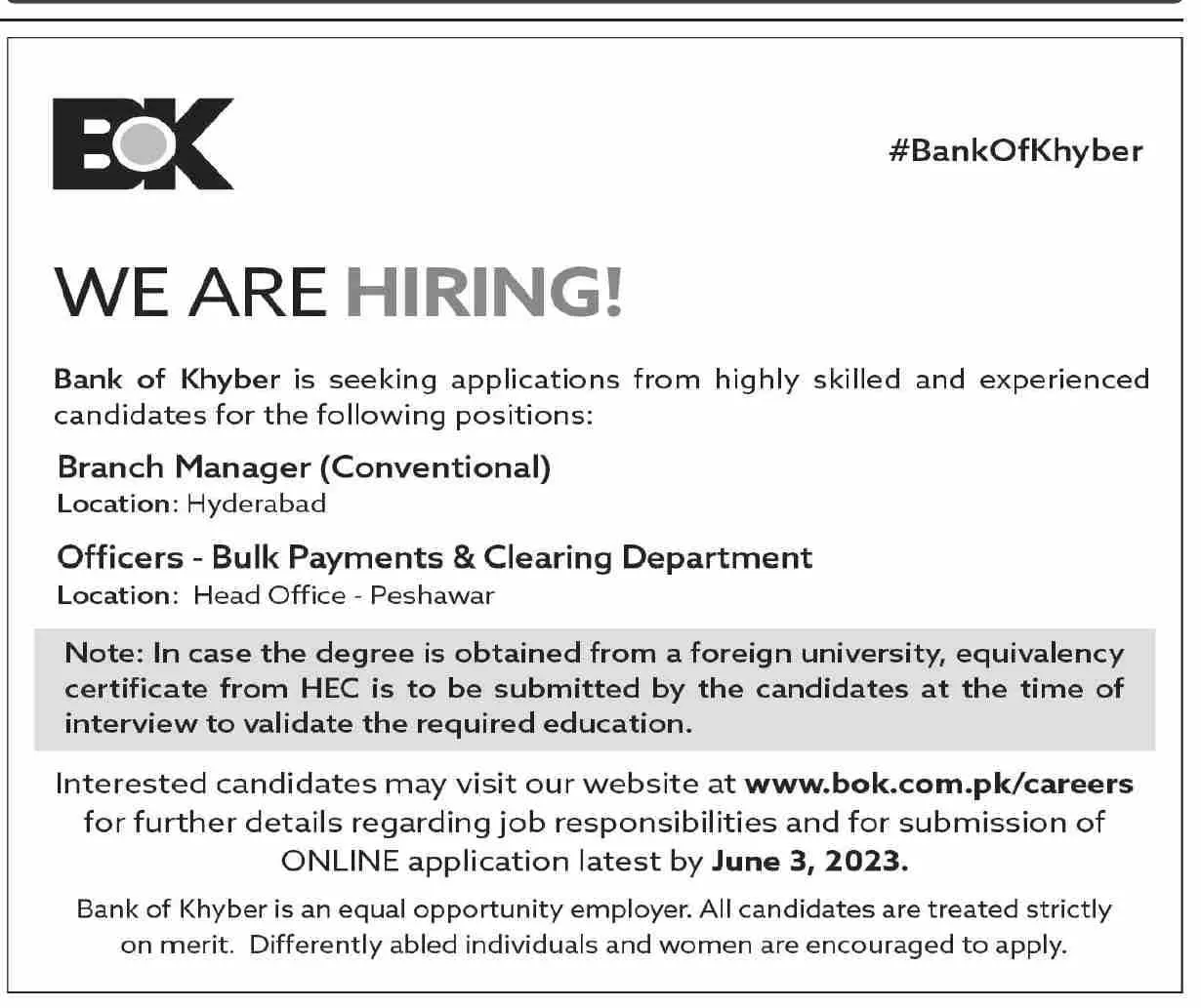 Bank of Khyber BOK Jobs 2023 Jobs 2023 — original advertisement