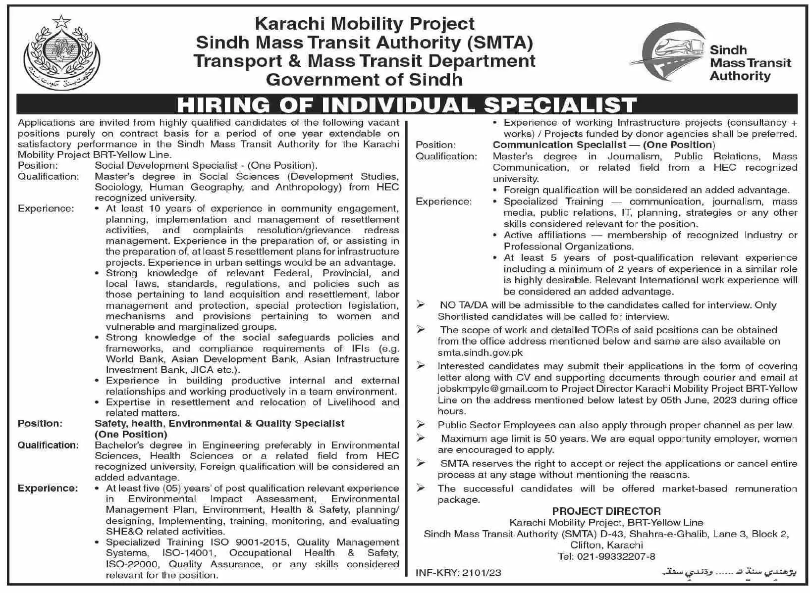 Sindh Mass Transit Authority SMTA Karachi Jobs 2023 Jobs 2023 — original advertisement