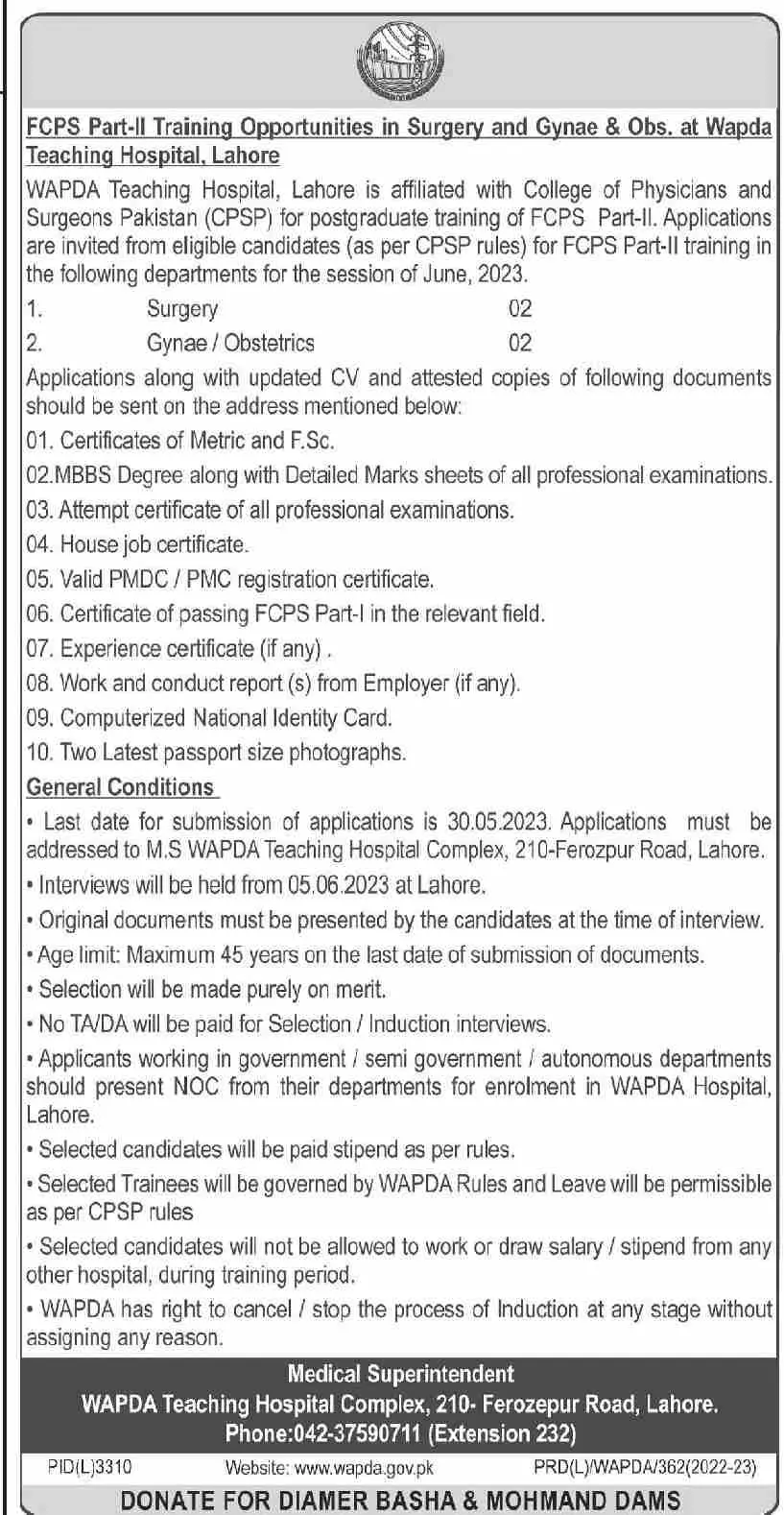 Wapda Hospital Lahore Punjab Jobs 2023 – Water and Power Development Authority Jobs 2023 — original advertisement