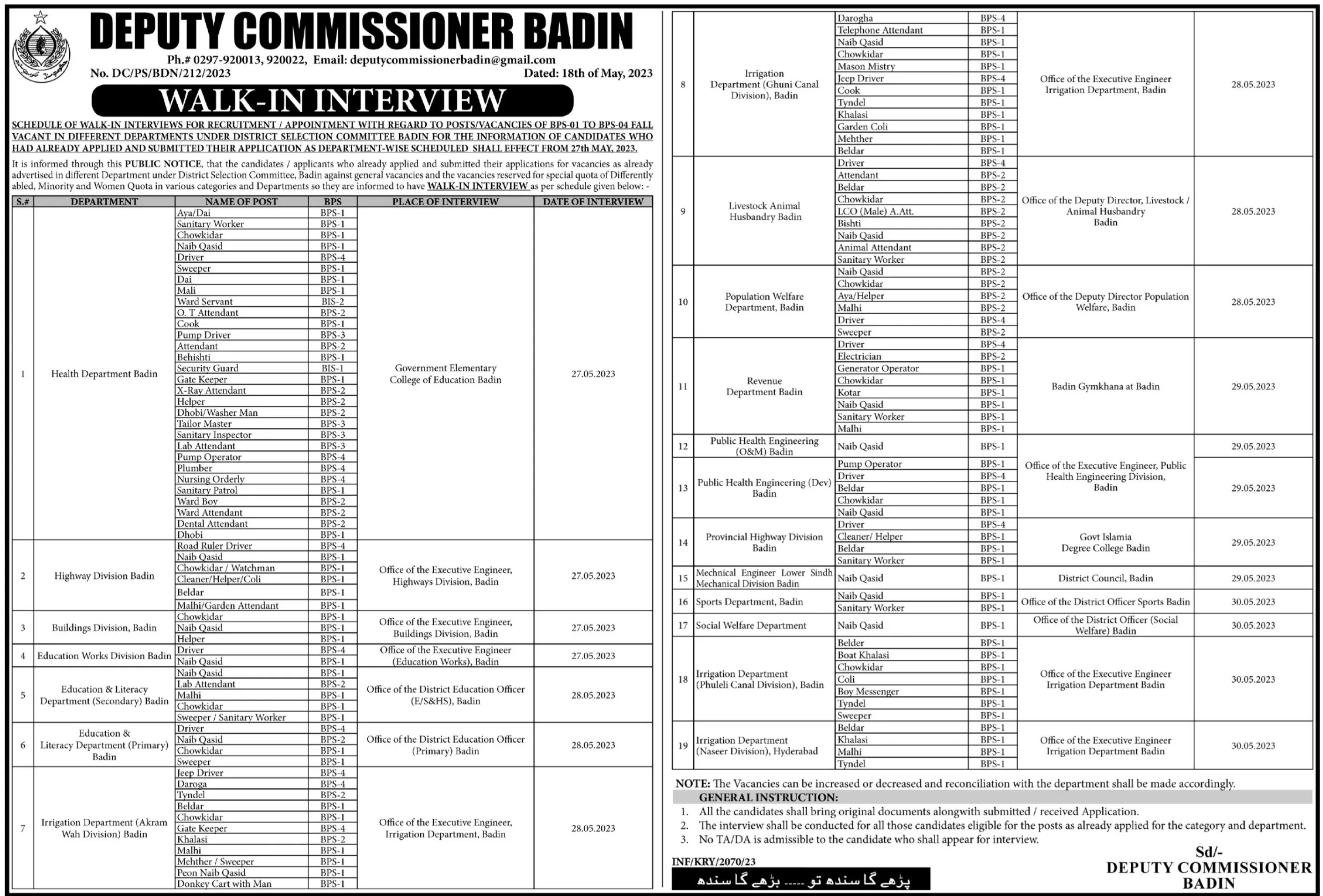 Deputy Commissioner Badin Job Interviews 2023 – Govt of Sindh Jobs 2023 — original advertisement