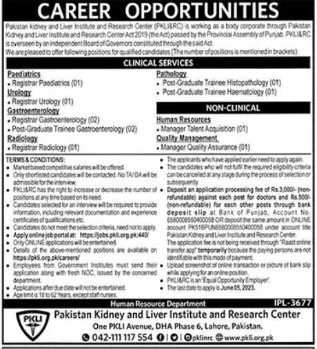 Pakistan Kidney And Liver Institute PKLI Jobs 2023 – Pakistan Kidney And Liver Institute (PKLI) And Research Centre Lahore Jobs 2023 — original advertisement