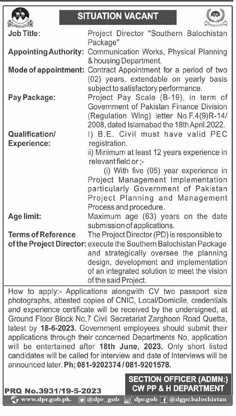 Project Director Southern Balochistan Package Jobs 2023 – Communication & Works Department Balochistan Jobs 2023 — original advertisement