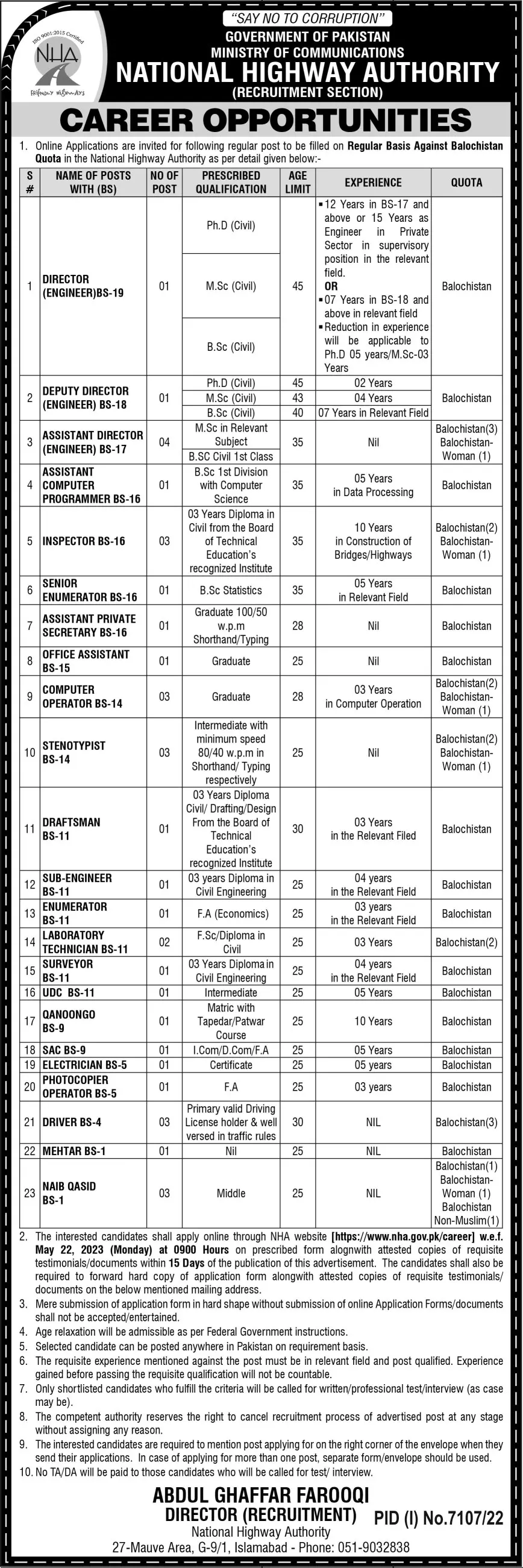 National Highway Authority NHA Islamabad Jobs 2023 – National Highway Authority Islamabad Jobs 2023 — original advertisement