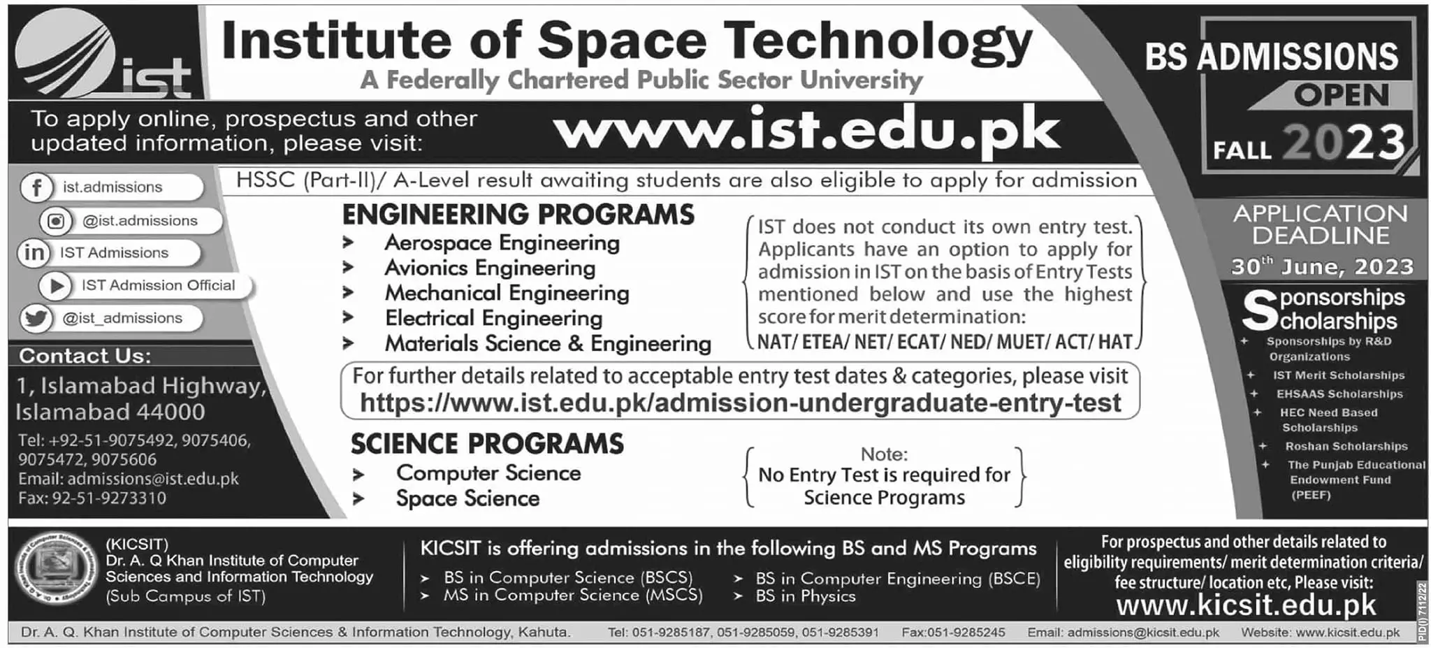 Institute of Space Technology Islamabad Admissions 2023 – Institute of Space Technology ITS Islamabad Admissions 2023 — original advertisement