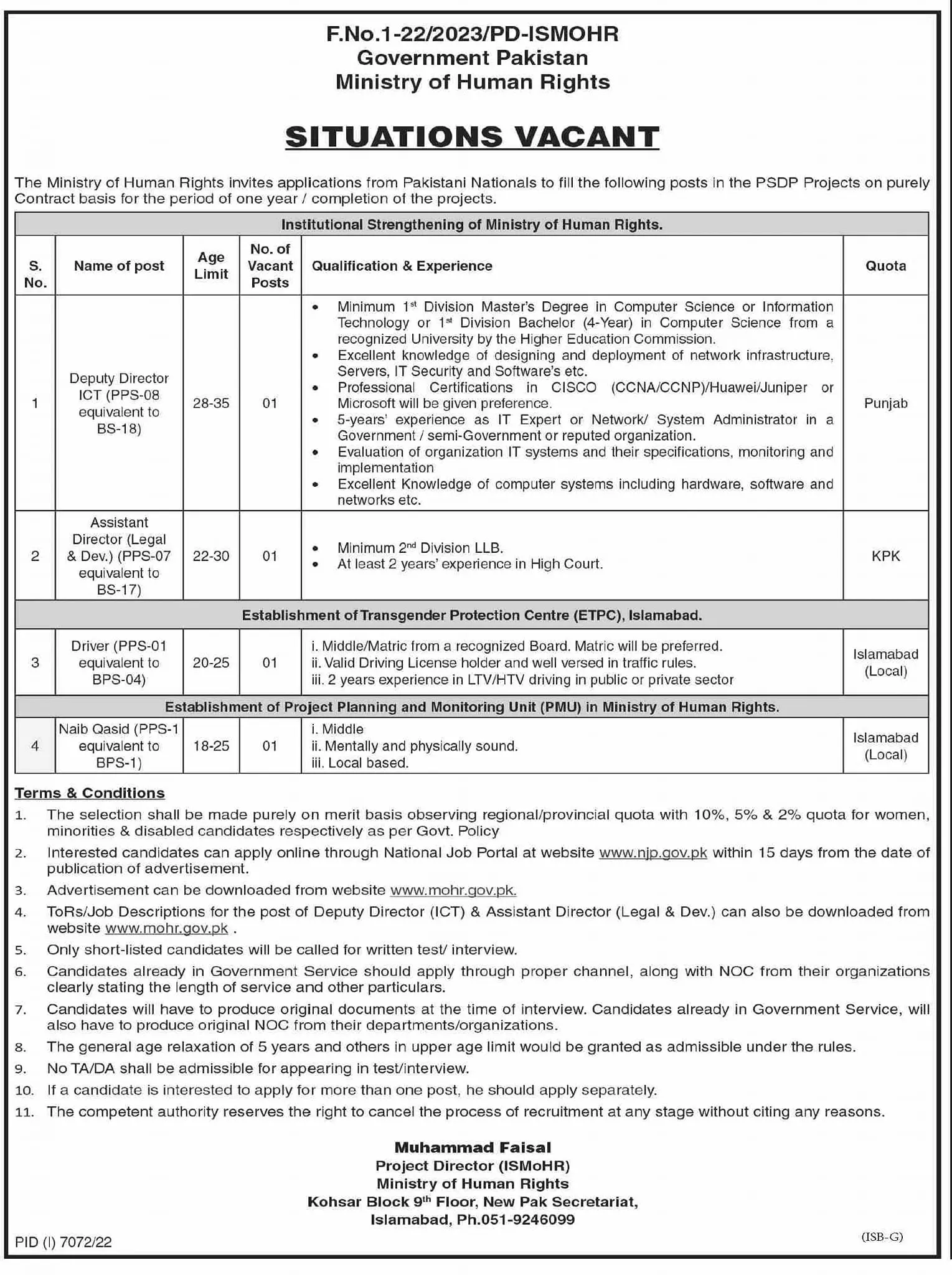 Ministry of Human Rights Islamabad Jobs 2023 Jobs 2023 — original advertisement