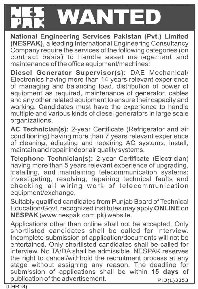 National Engineering Services Pakistan NESPAK Jobs 2023 – NESPAK National Engineering Services Pakistan Jobs 2023 — original advertisement