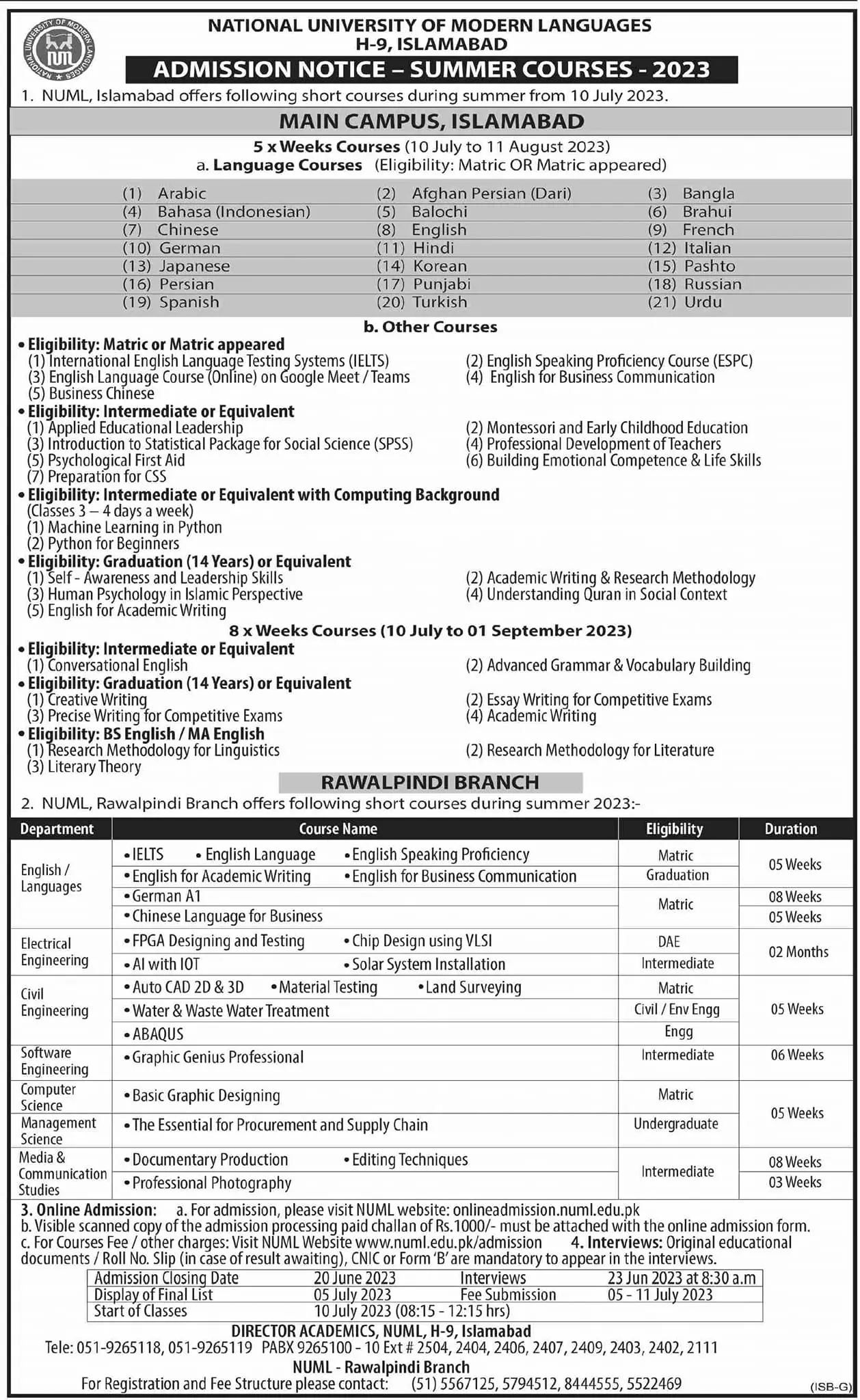 National University of Modern Languages NUML Admissions 2023 – National University of Modern Languages Islamabad Admissions 2023 — original advertisement