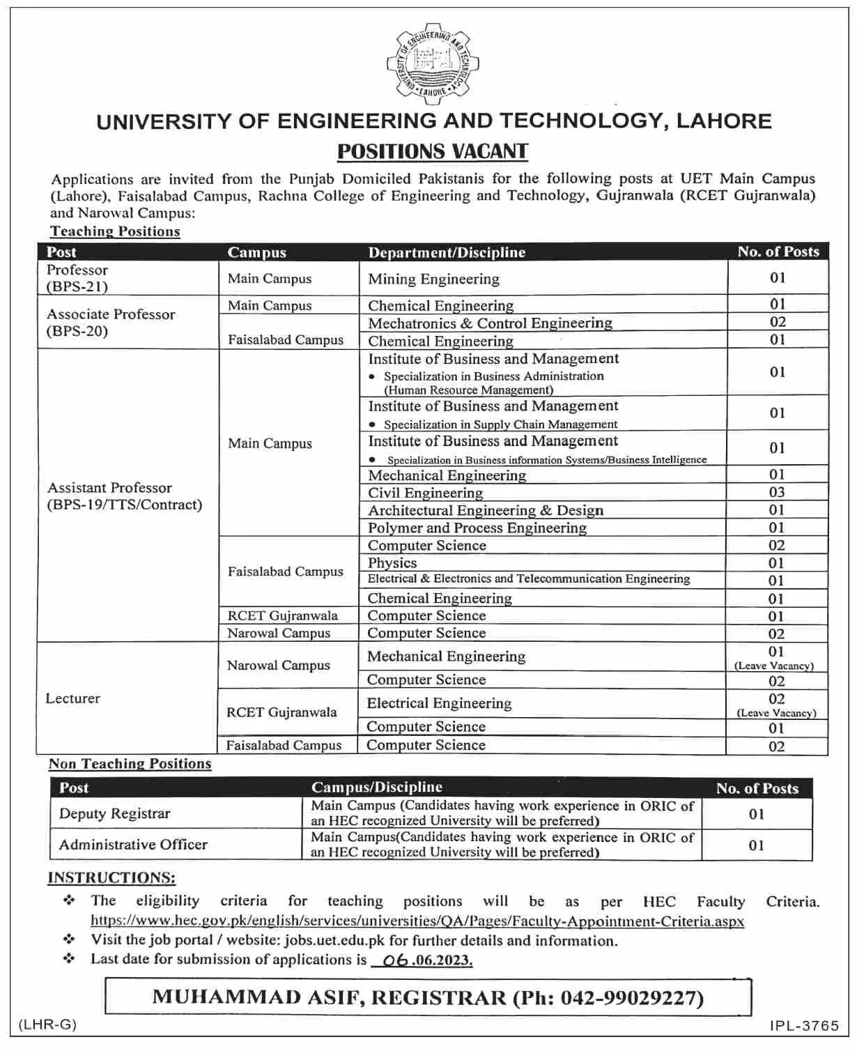 University of Engineering and Technolgy Lahore Jobs 2023 – University of Engineering  & Technology Lahore Jobs 2023 — original advertisement