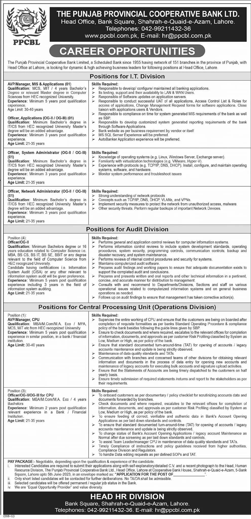 Punjab Provincial Cooperative Bank Limited Jobs 2023 – The Punjab Provincial Cooperative Bank Jobs 2023 — original advertisement