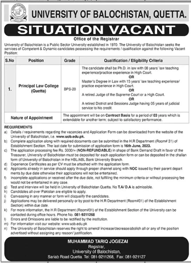 University Of Balochistan Quetta Jobs 2023 Jobs 2023 — original advertisement