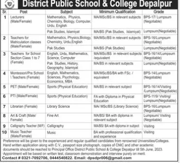 District Public School & College Depalpur Jobs 2023 Jobs 2023 — original advertisement