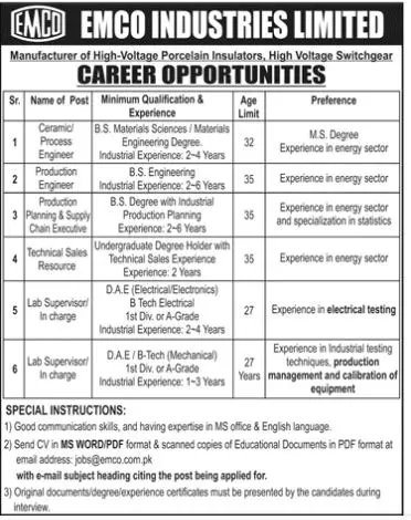 Emco Industries Limited Jobs 2023 – Private Company Jobs 2023 — original advertisement