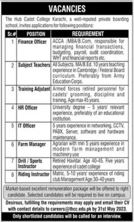 The Hub Cadet College Karachi Jobs 2023 Jobs 2023 — original advertisement