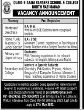 Quaid e Azam Rangers School & College North Nazimabad Jobs – Quaid E Azam Rangers School and College Jobs 2023 — original advertisement