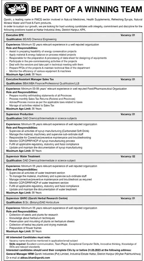 Qarshi Industries Pvt Limited Jobs 2023 – Private Company Jobs 2023 — original advertisement