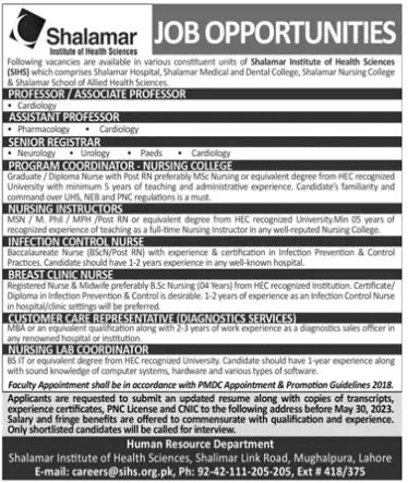 Shalamar Institute of Health Sciences Lahore Jobs 2023 Jobs 2023 — original advertisement