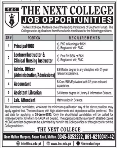 The Next College Multan Jobs 2023 Jobs 2023 — original advertisement